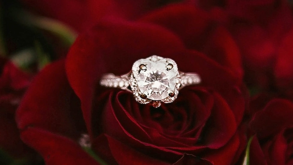 Sparkly Halo Engagement Ring on a bed of roses.
