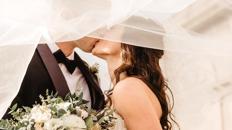 Couple getting married kissing under brides veil.