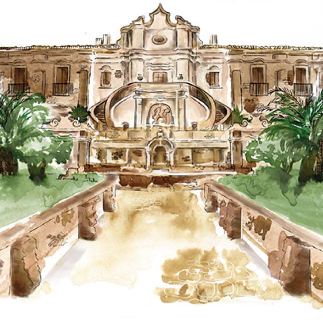Watercolor Art of a Wedding Venue with Illustrated outlines.