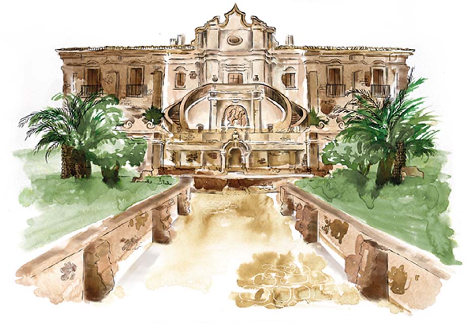 Watercolor Art of a Wedding Venue with Illustrated outlines.