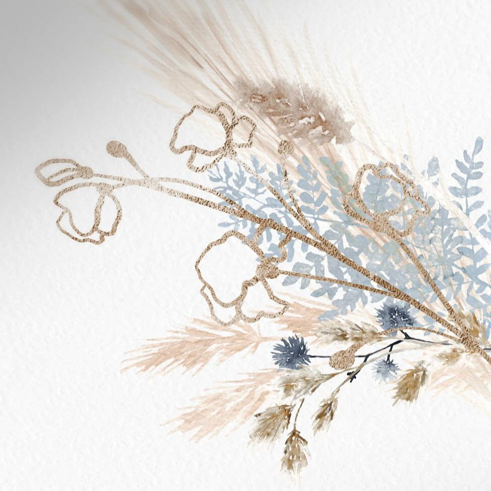 Blue Boho flowers in a wedding bouquet with pampas grass.
