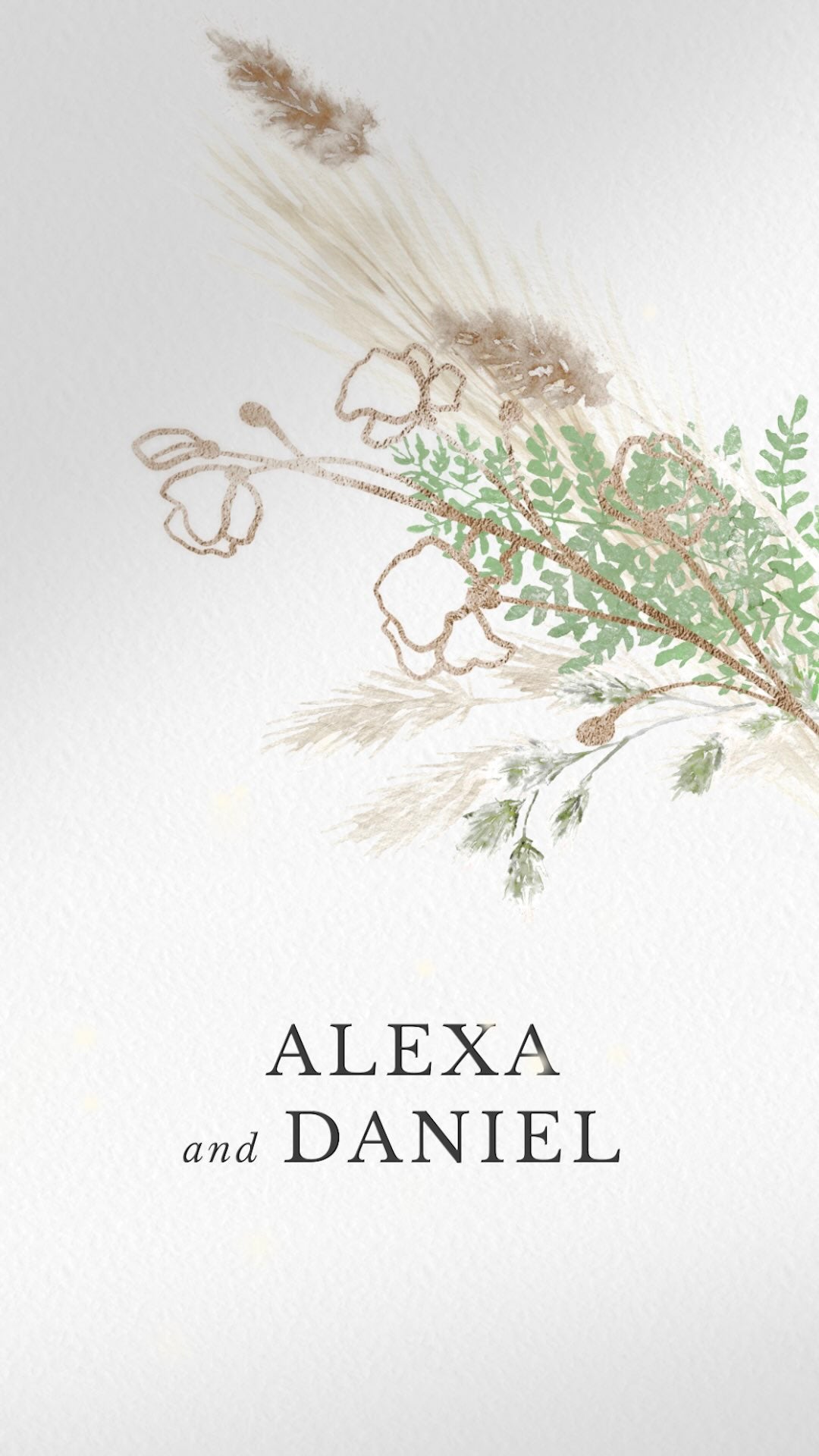 Green and bronze gold floral illustrations in a boho theme.