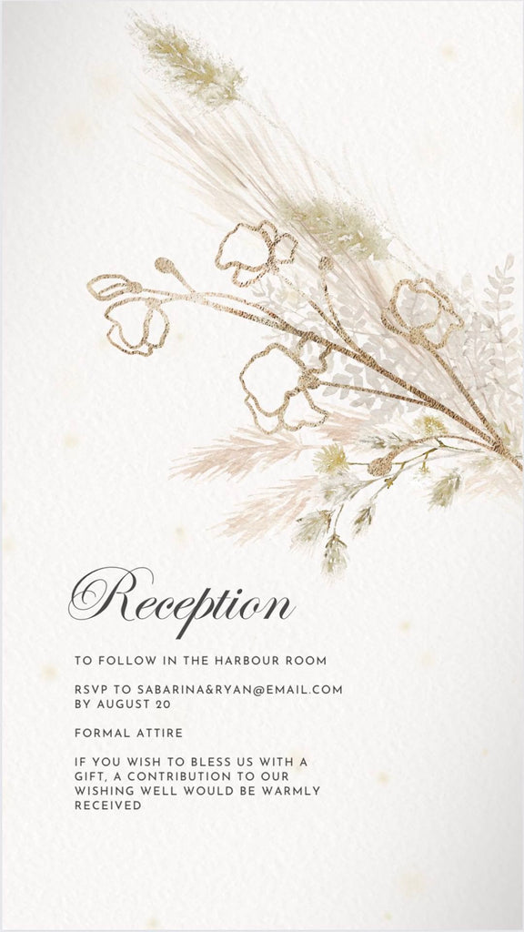 Boho grass and gold floral illustration comes out from right of frame. Wedding invitation text sits below in an elegant font