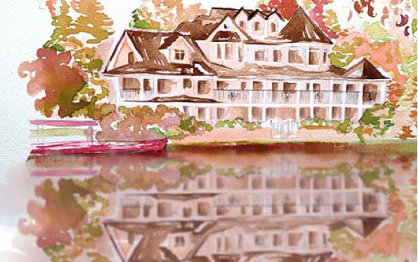 A painting of a luxurious white house sits on a river with its reflection by the shore