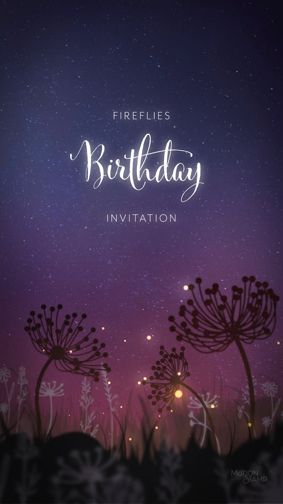 Starry sky background with silhouetted wildflowers in foreground. The words fireflies birthday invitation glows.