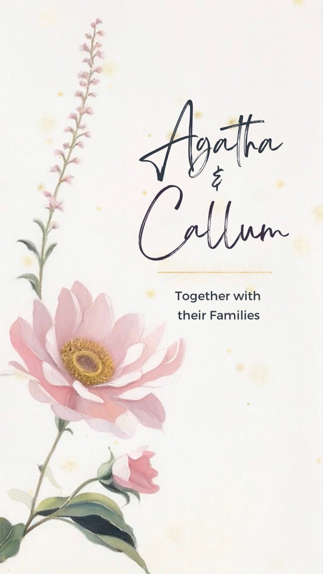 A large pink and green flower in a illustrated style fills the frame below the names of a man and woman.