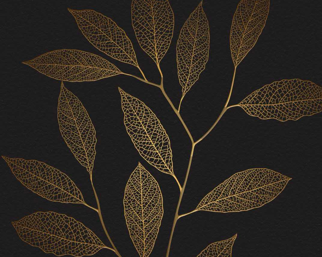Golden leaves on black invitation background
