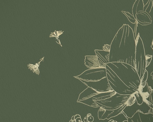 Sage Green paper background card with gold floral illustrations on top.