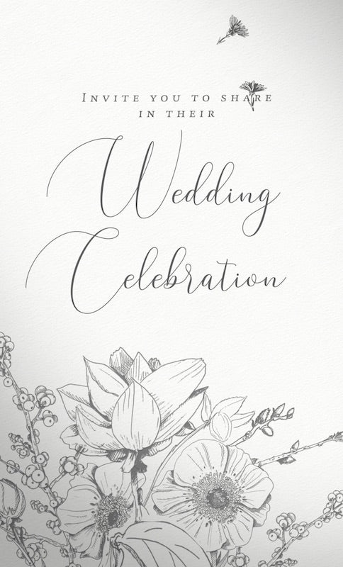 Text 'Wedding celebration' written in elegant handwriting over a illustration floral bouquet