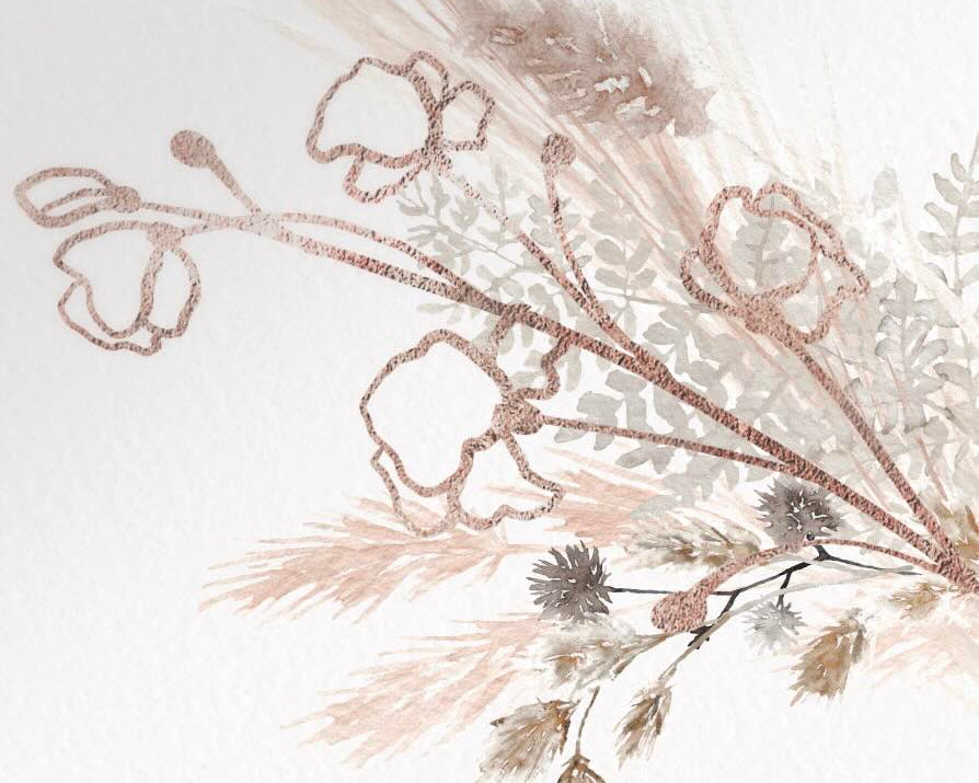 Gold and neutral tone boho grass bouquet with folral illustration.