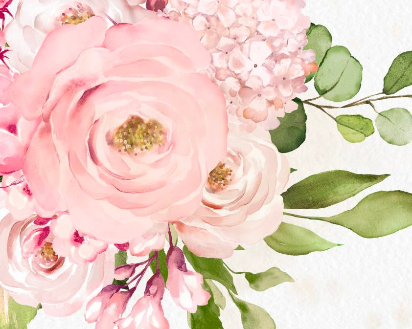 pink florals and green leaves.