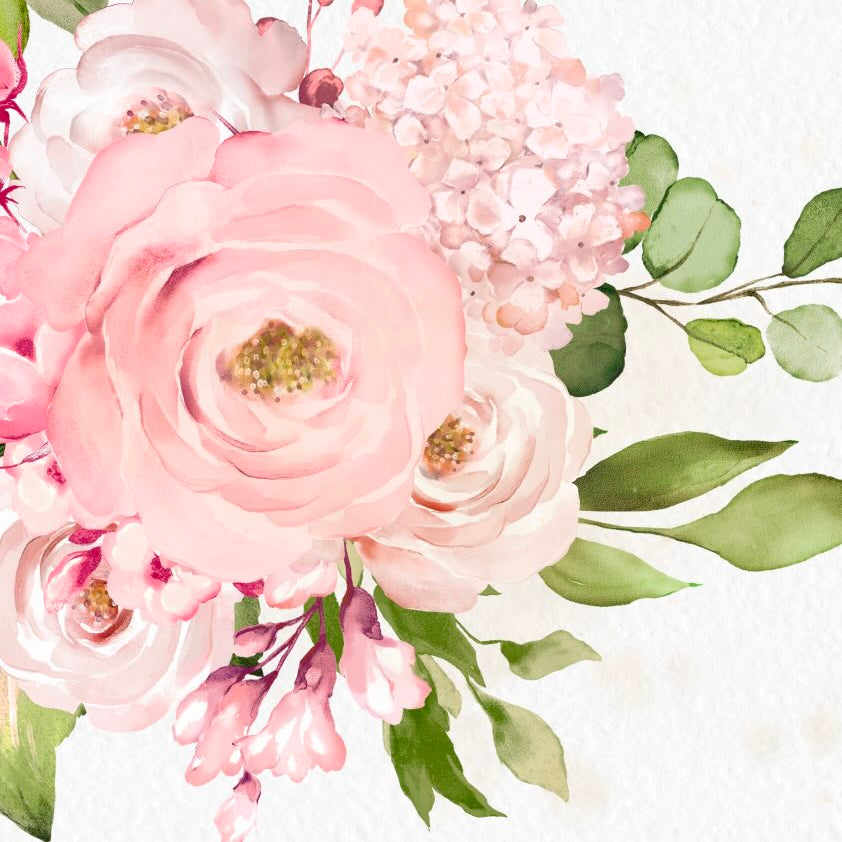 pink florals and green leaves.