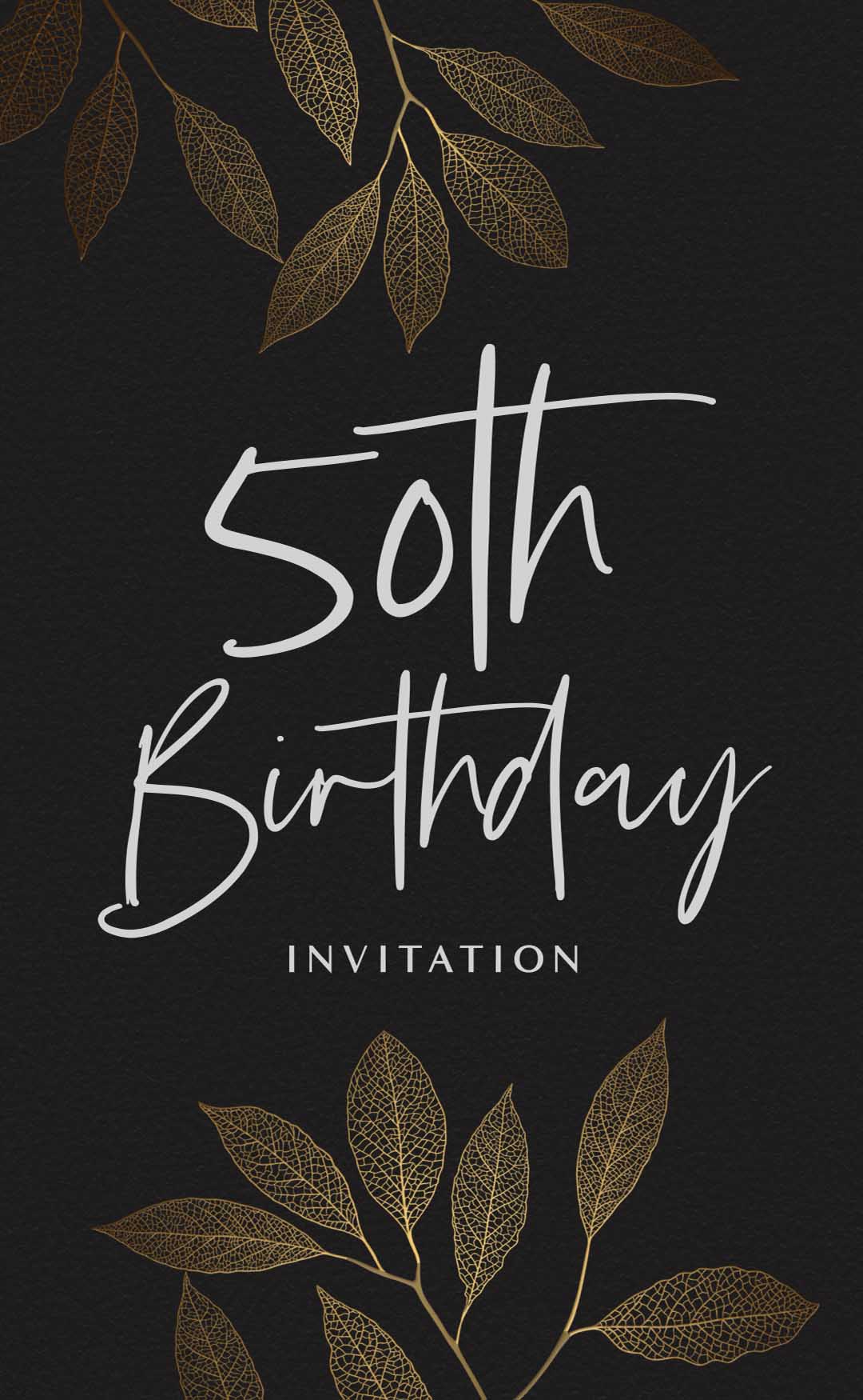 An elegant black and gold leaf card with the text 50th Birthday handwritten.