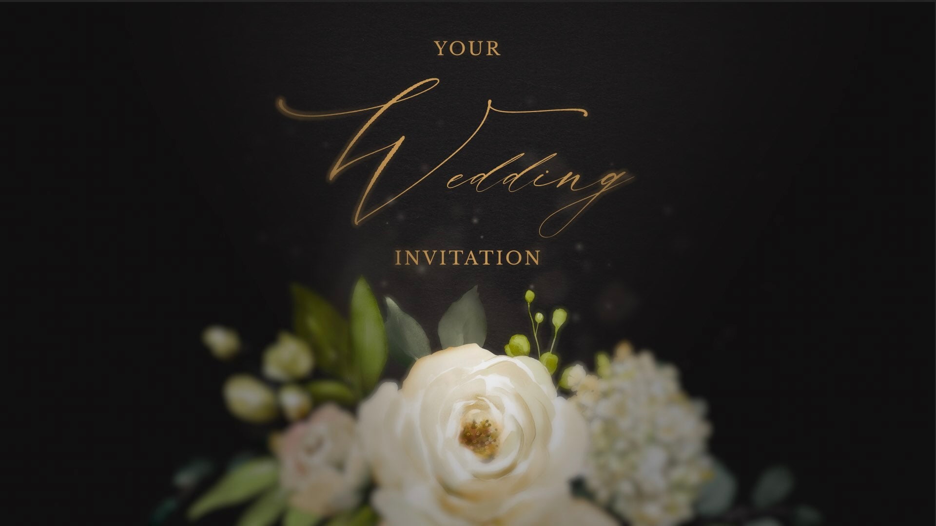 Black Wedding Invitation with Gold Calligraphy Animated around white florals.