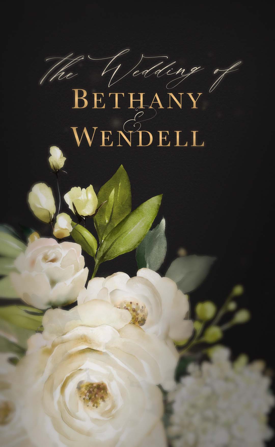 Luxury gold and white floral watercolor art sits on top of textured black card.