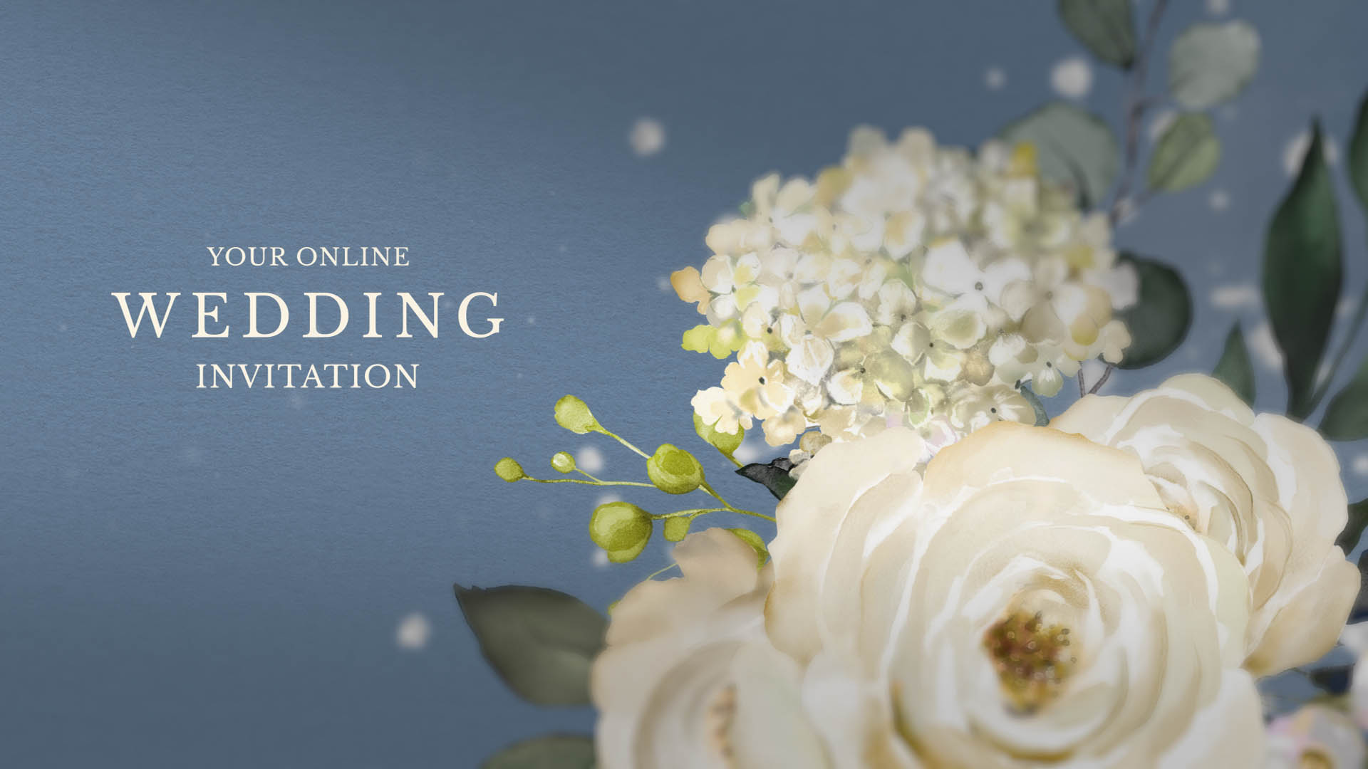 Blue wedding card with white elegant floral artwork.