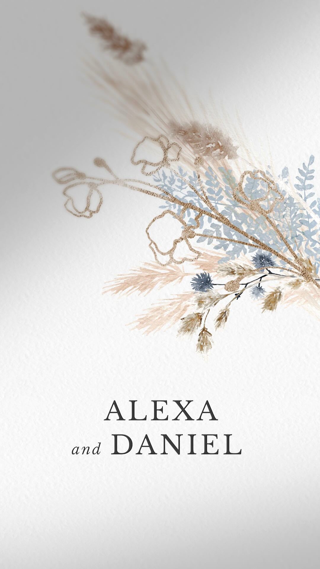 Pampas Grass in a bouquet of illustrated gold and blue flowers.