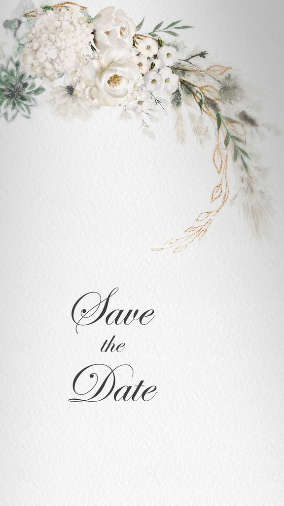 Boho styled grass and florals drape over a scene with the words Save the Date written in calligraphy.