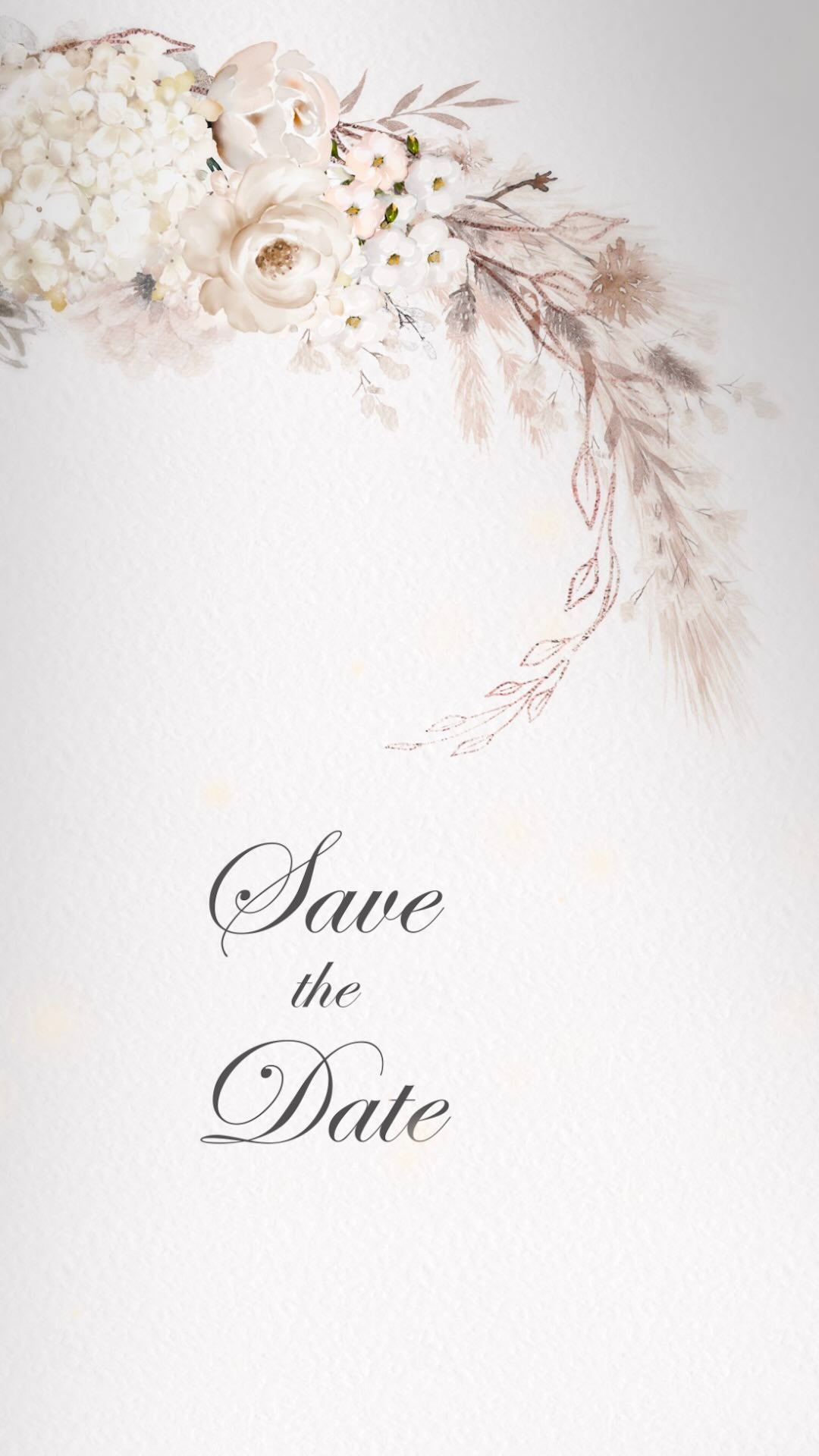 Natural and beige boho style florals are animated in a wedding bouquet with the words save the date written below in an classic font.
