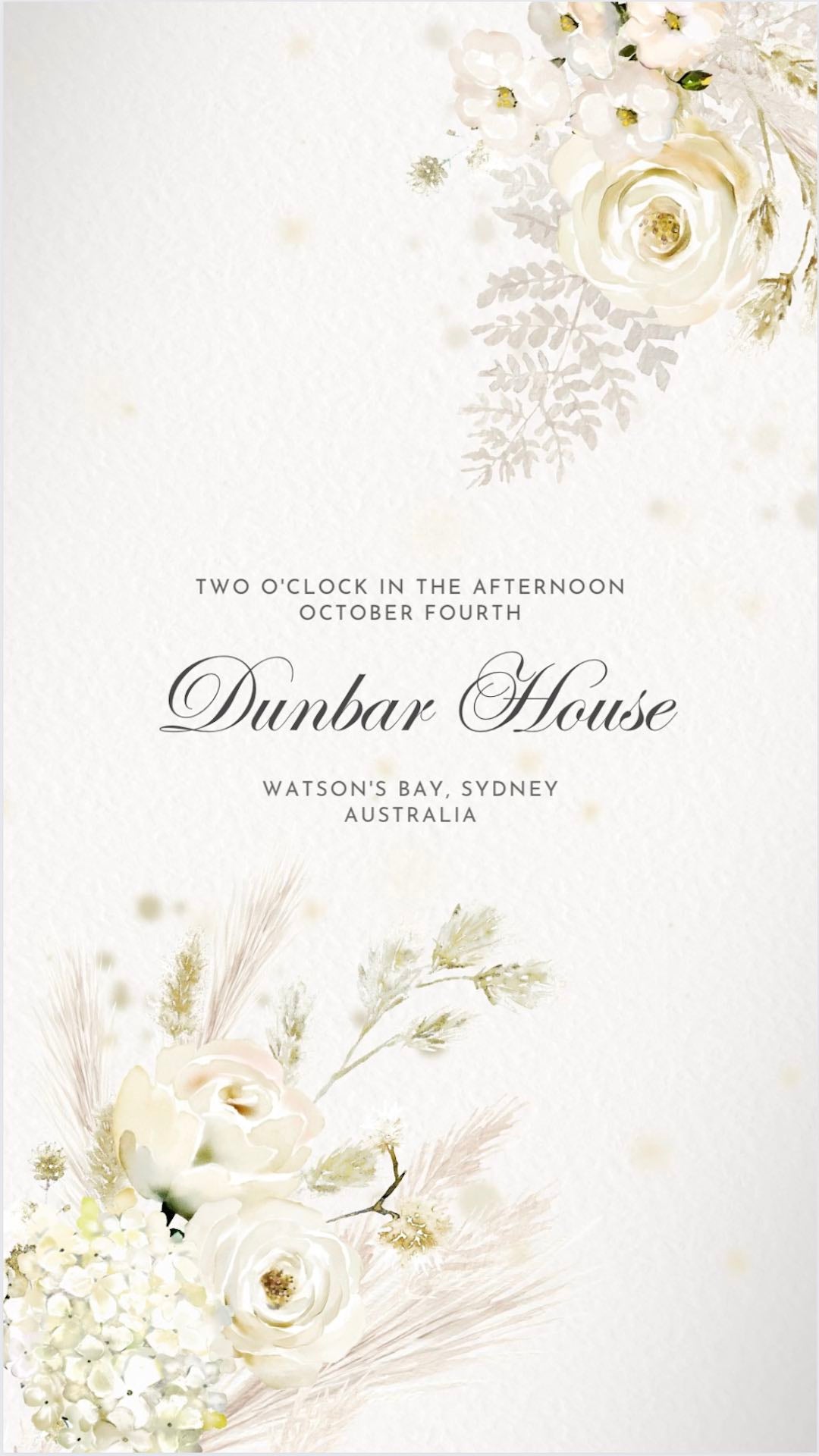White and gold boho flower illustrations sit around the text of a wedding invitation.