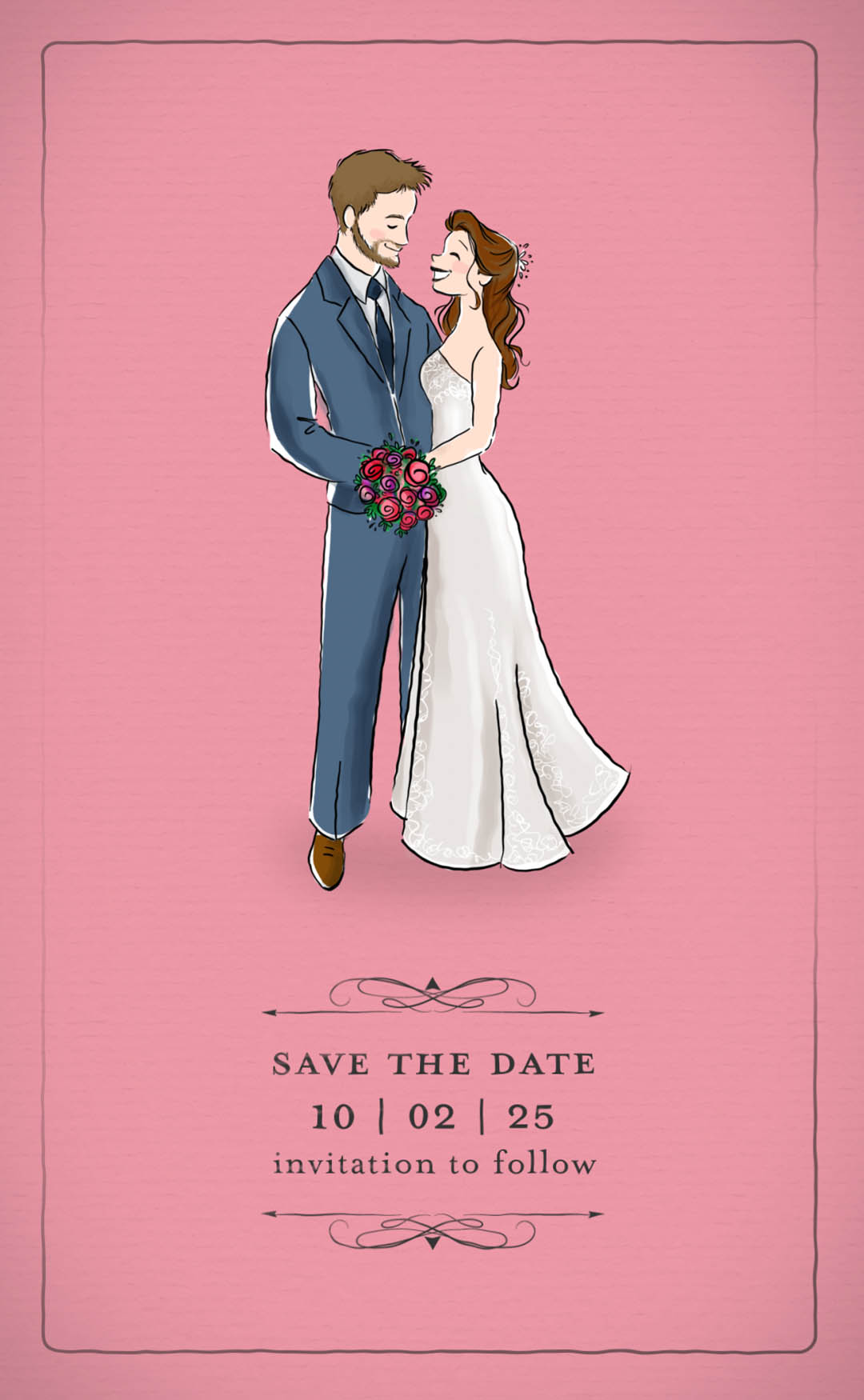 An illustrated bride and groom couple peer into each others eyes with their wedding details written underneath.
