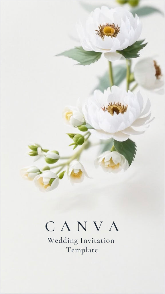 Beautiful White Peony Flowers are in a garden with Wedding Invitation text surrounding the flowers. A single butterfly hovers above the flowers.