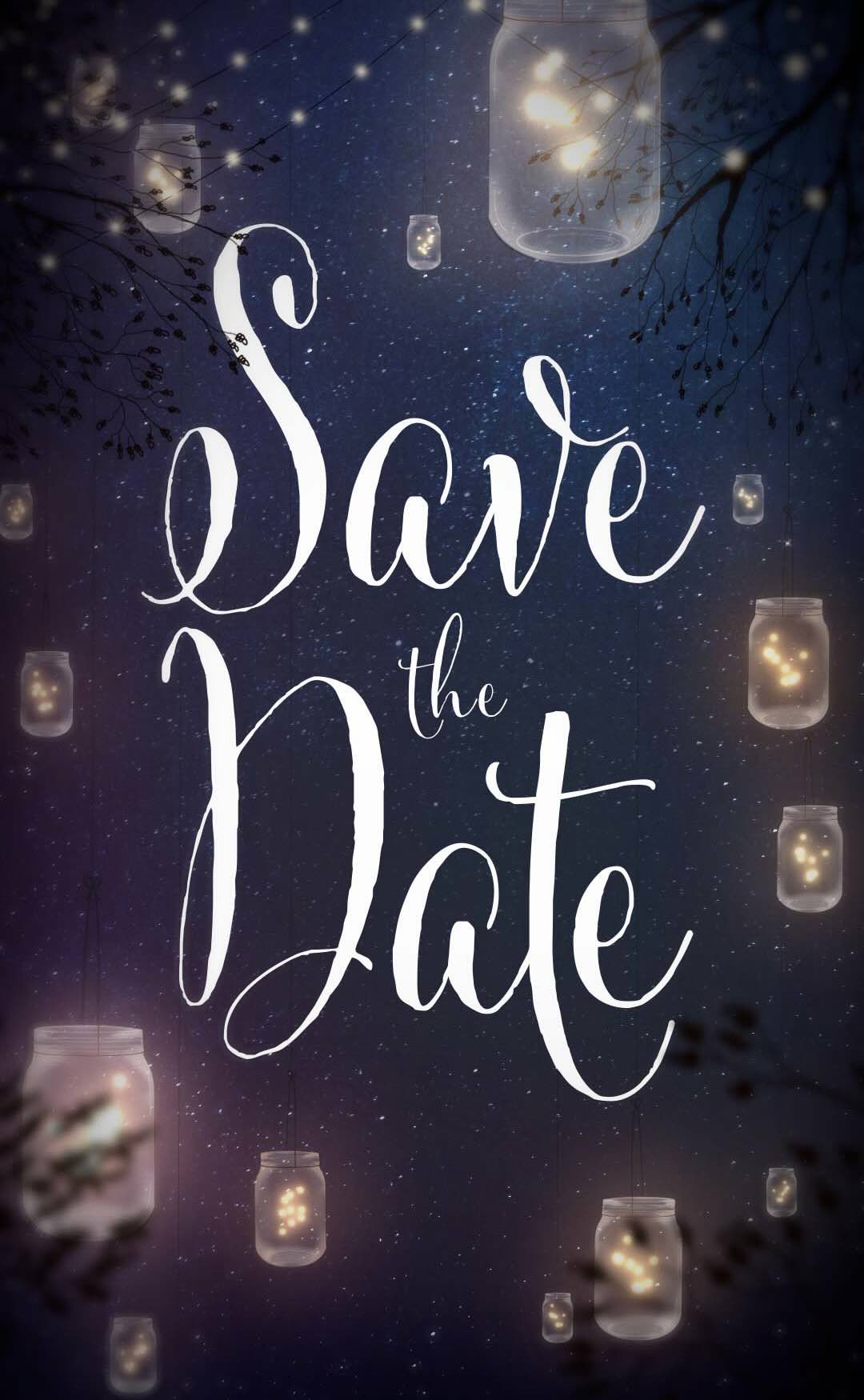 Save the date is written in a whimsical font with fireflies in jars hung up in a tree is its backdrop.