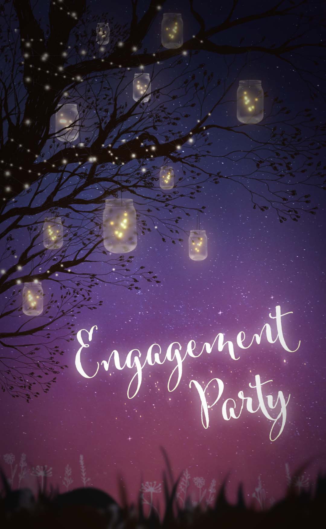 A twilight backdrop is behind a beautiful tree filled with fireflies.