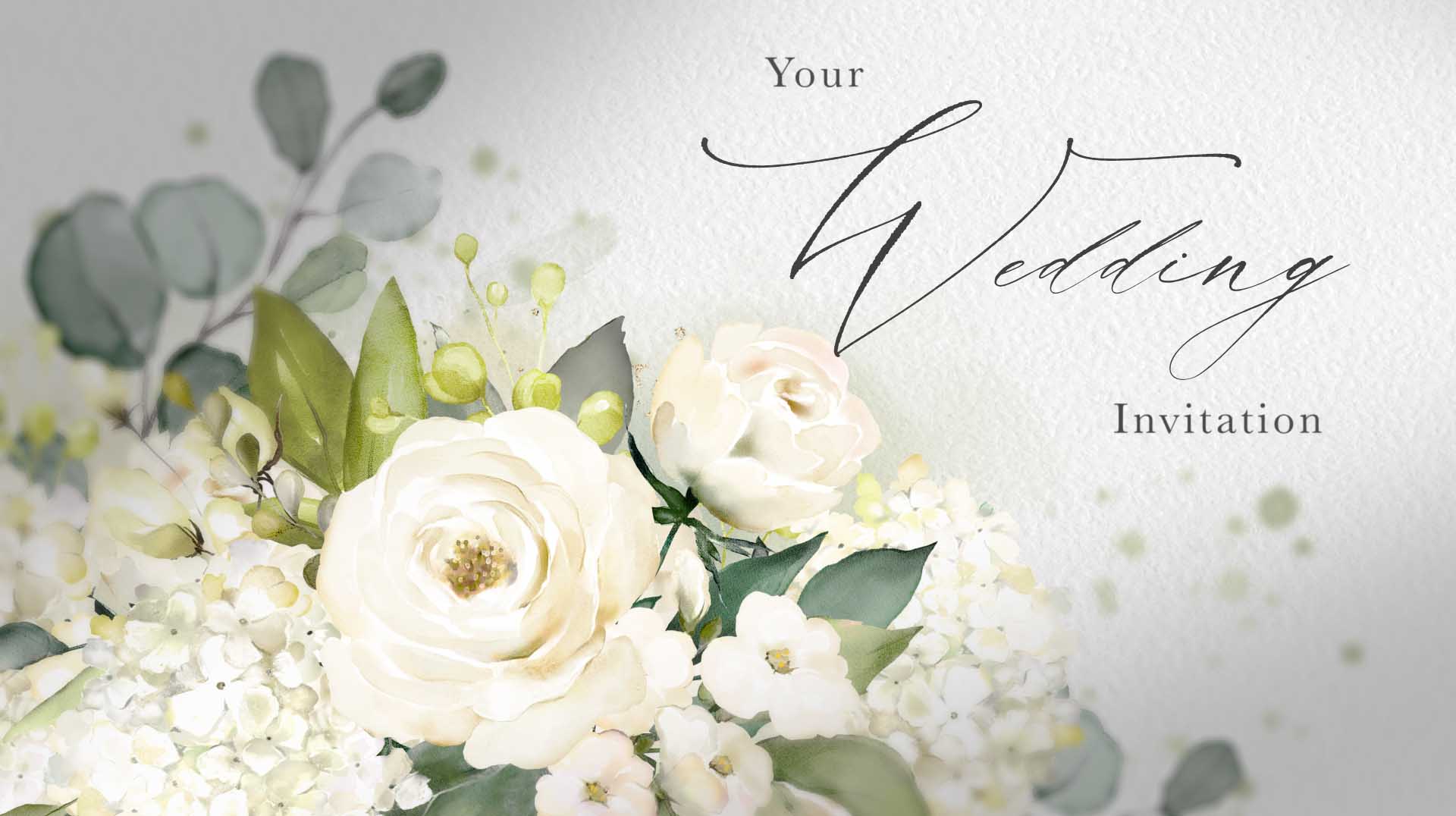 White wedding invitation with flowers and calligraphy text.