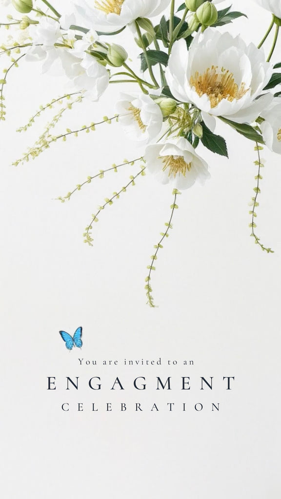 elegant white flowers drape downward to a small blue butterfly with teh text engagement invitation written beneath