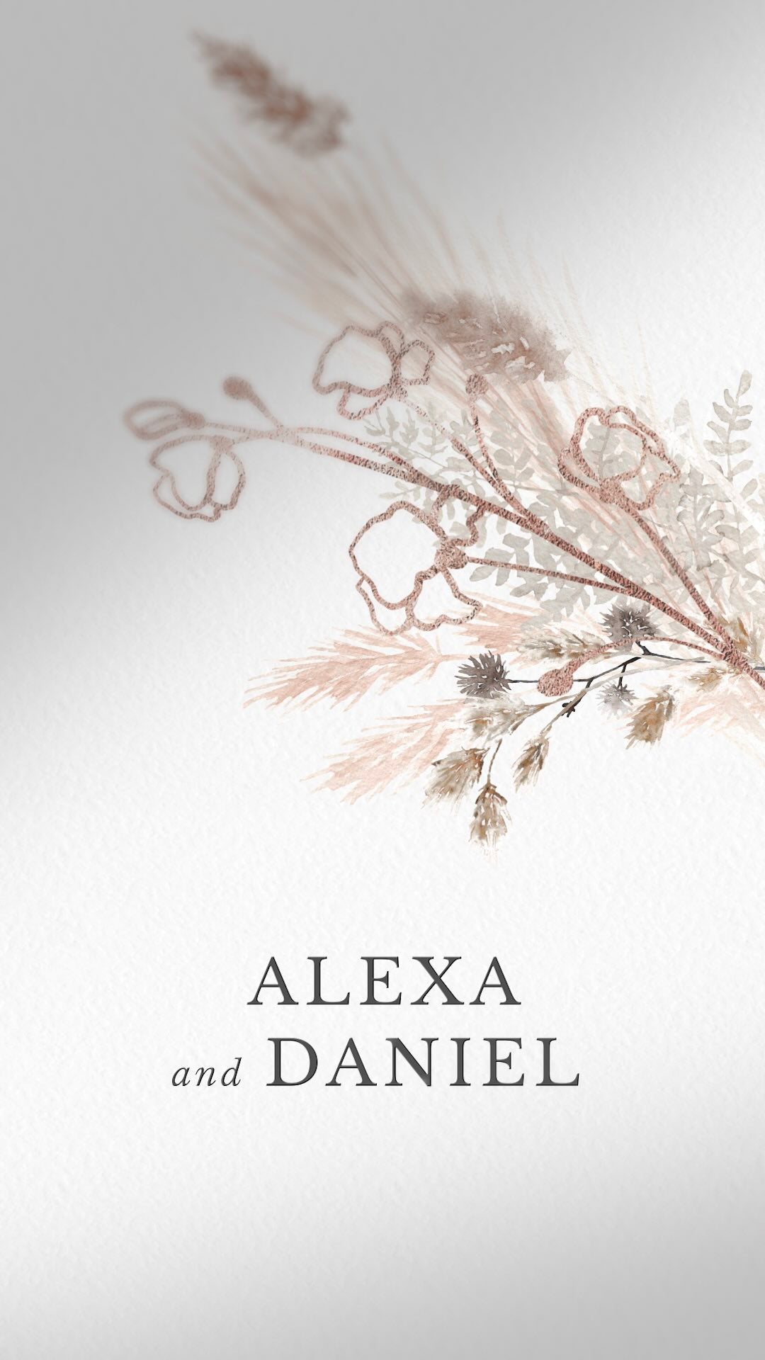 Neutral toned boho floral wedding bouquet, with gold floral illustration comes our from right hand side of frame.