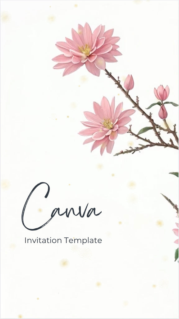 Beautiful Pink Flower in watercolor paint sits next to elegant text saying Canva Invitation Template