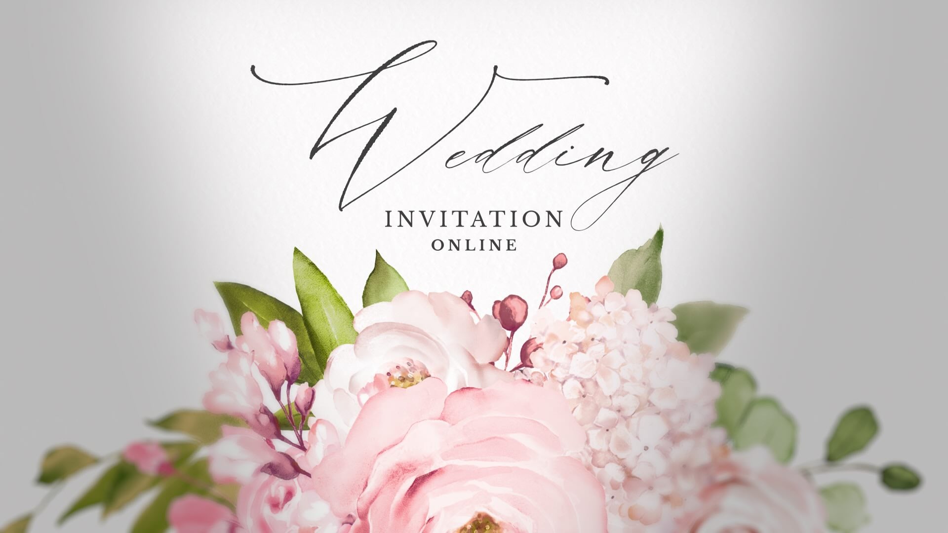 Pink wedding flowers arranged in an elegant bouquet with wedding text written above.