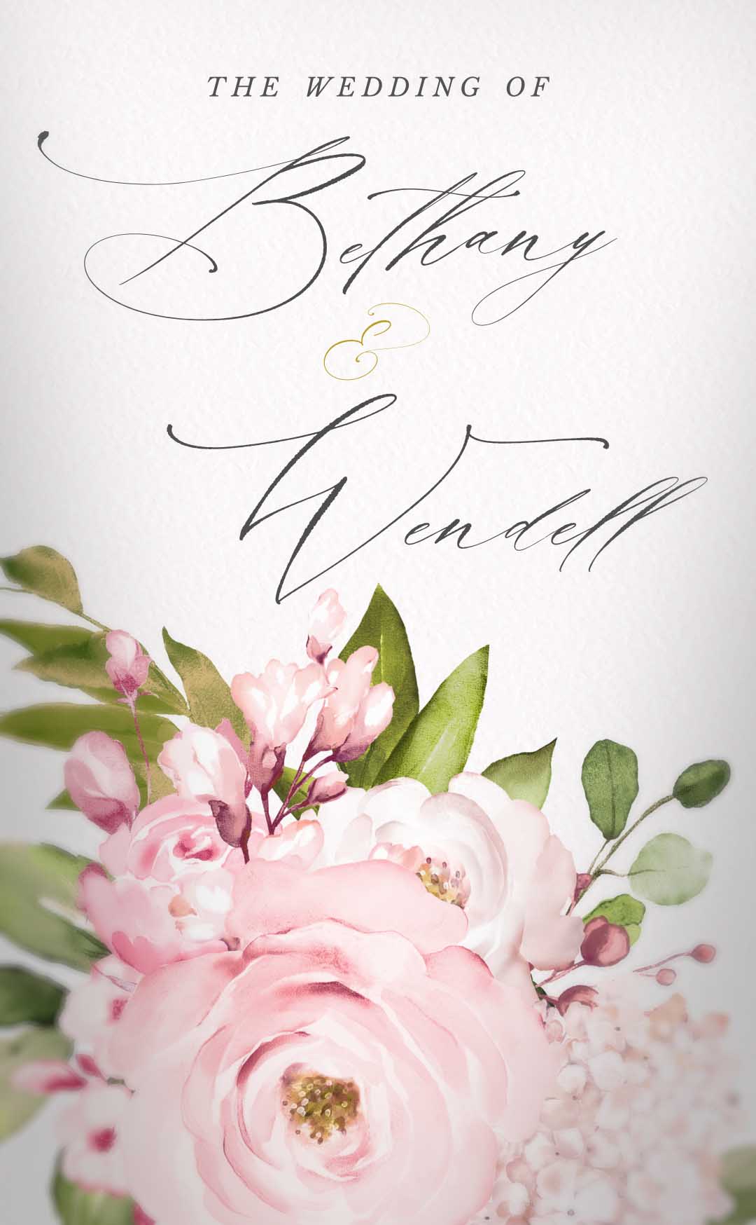Pink flowers form a wedding bouquet under elegantly written names in calligraphy.