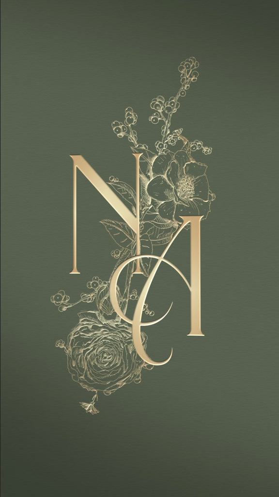 Gold floral illustrations are positioned at the centre of a sage green paper texture, with a wedding monogram of the letters 'N' and 'A' featured.