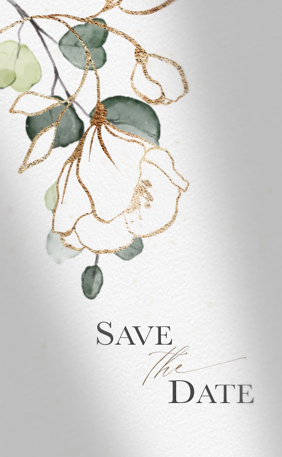 Gold floral illustration on a white card with Save the Date written below.