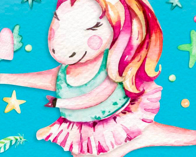 Illustrated unicorn dancing with stars around it.