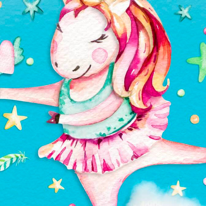 Illustrated unicorn dancing with stars around it.