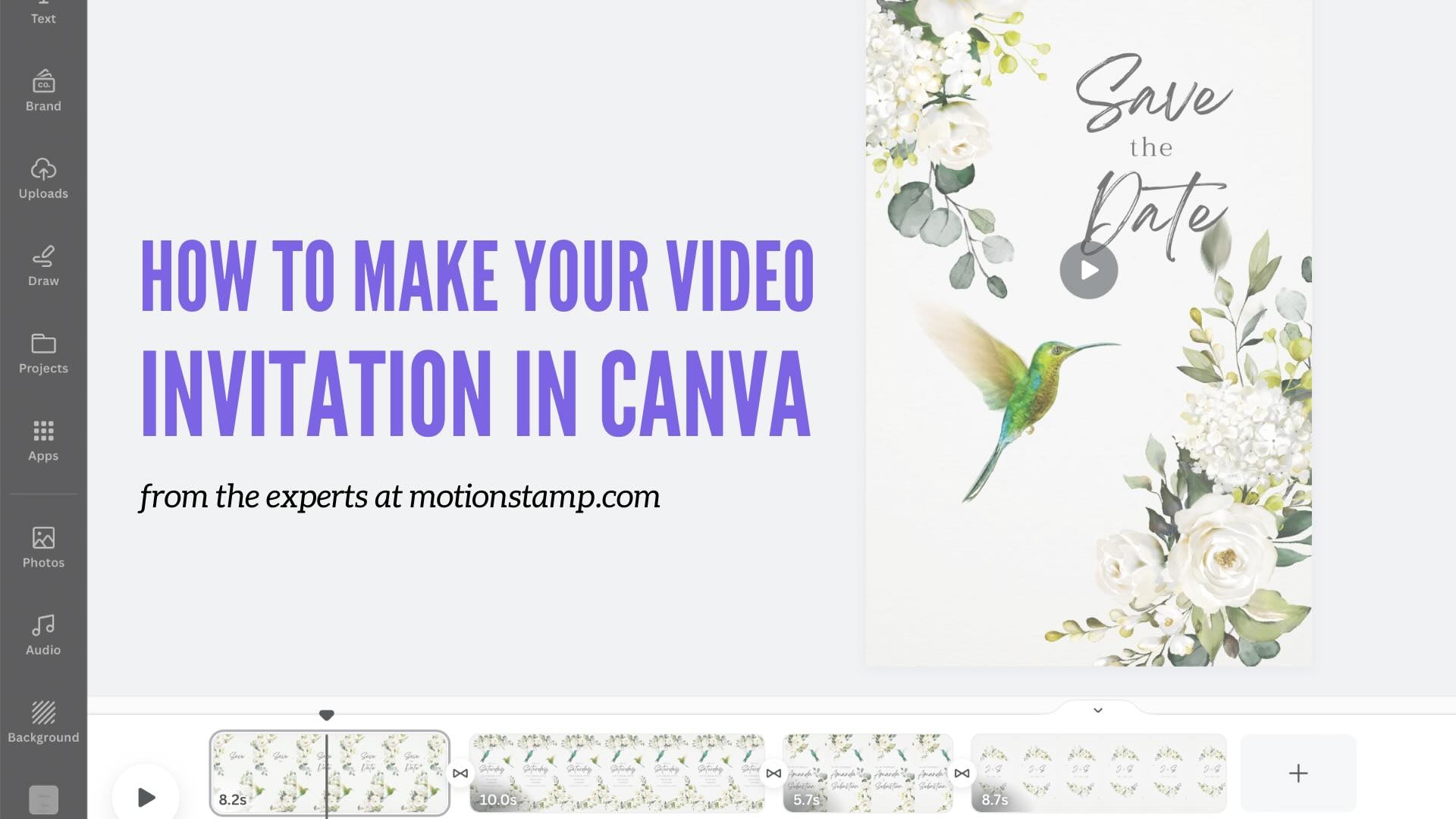 A example image from within the canva video editor, showing a wedding invitation being edited on the video timeline. The title of the explainer video 'How to make your video invitation in Canva' sits over the top of the image.