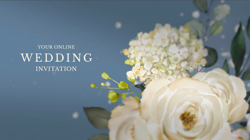 Dusty Blue Textured card with white florals in a bouquet. The text 'Your online wedding invitation' printed in elegant white font is next to the bouquet
