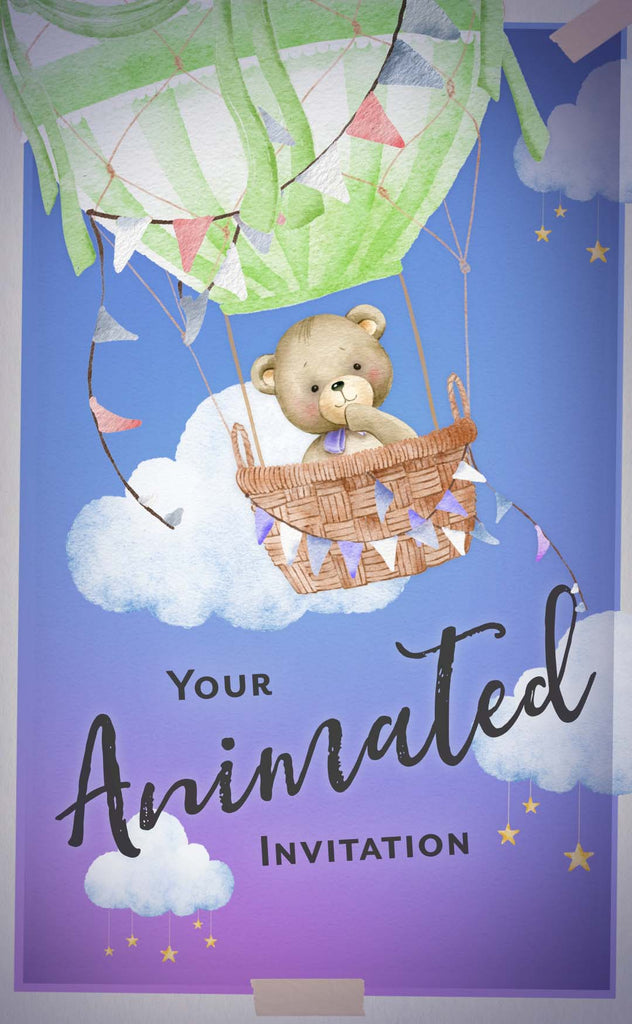 Teddy Bear baby Shower Invitations with bear flying around the sky in a hot air balloon
