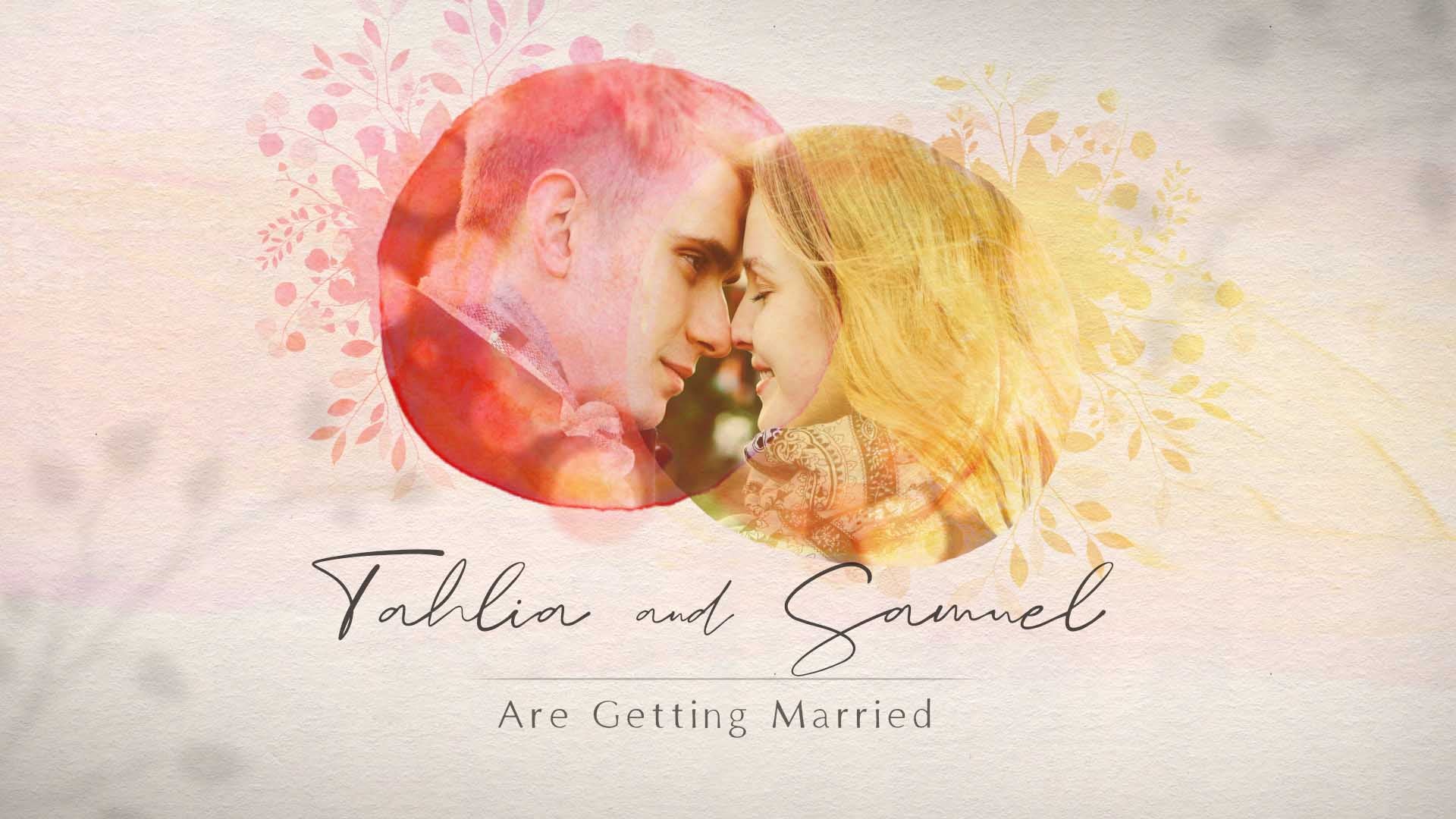 Watercolor Digital Wedding Invitation animated with red and yellow circles dancing around showing the bride and groom