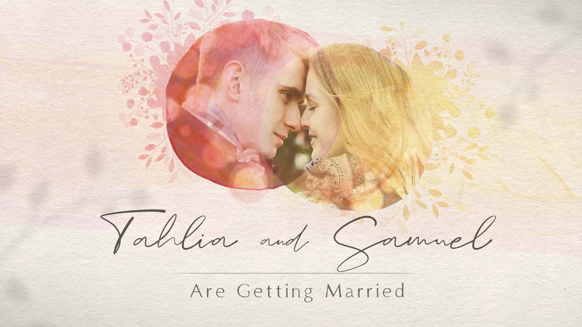 Watercolor Digital Wedding Invitation animated with red and yellow circles dancing around showing the bride and groom
