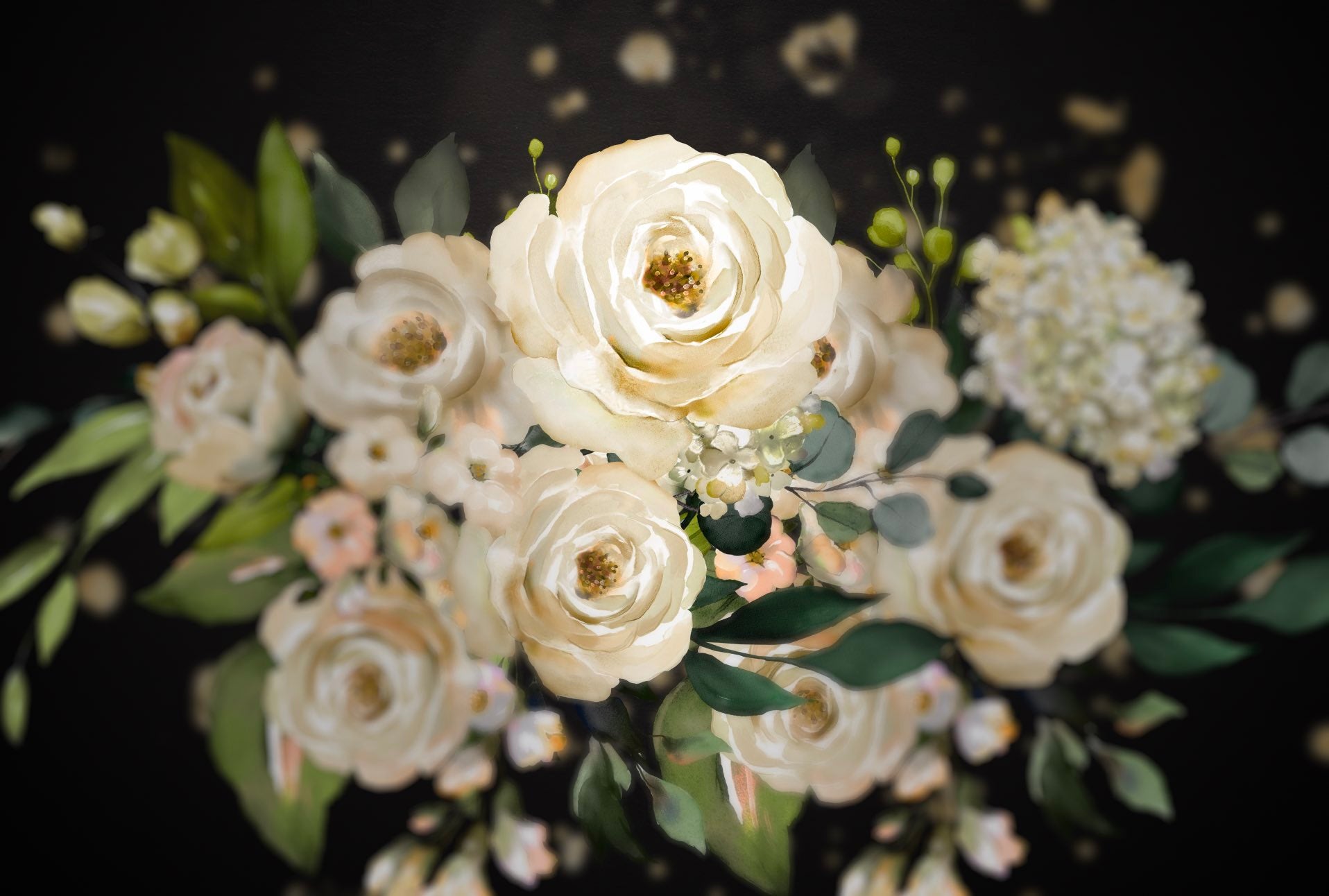 white flower bouquet on a black background