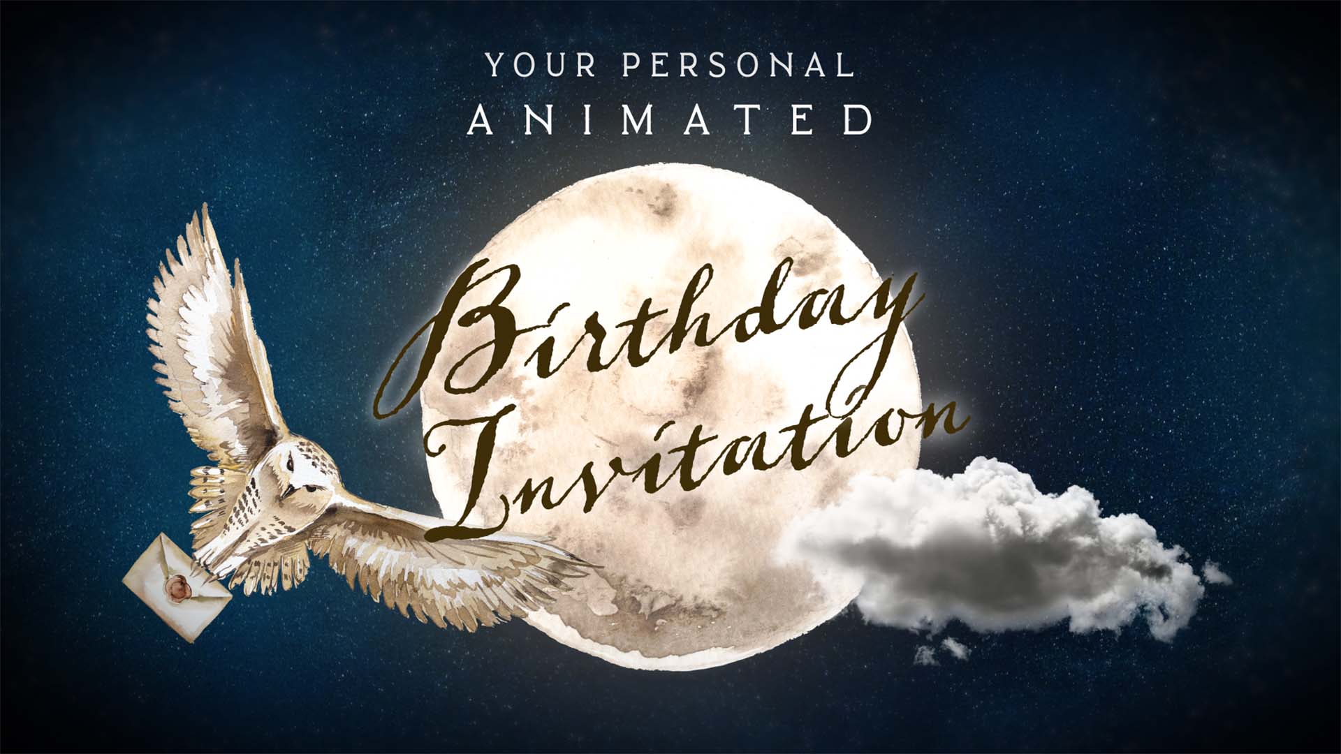 Owl flying in front of moon, with Birthday Invitation written across it