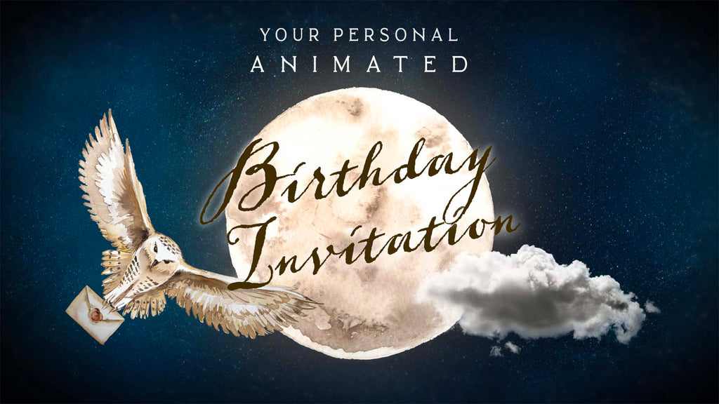 Owl flying in front of moon, with Birthday Invitation written across it