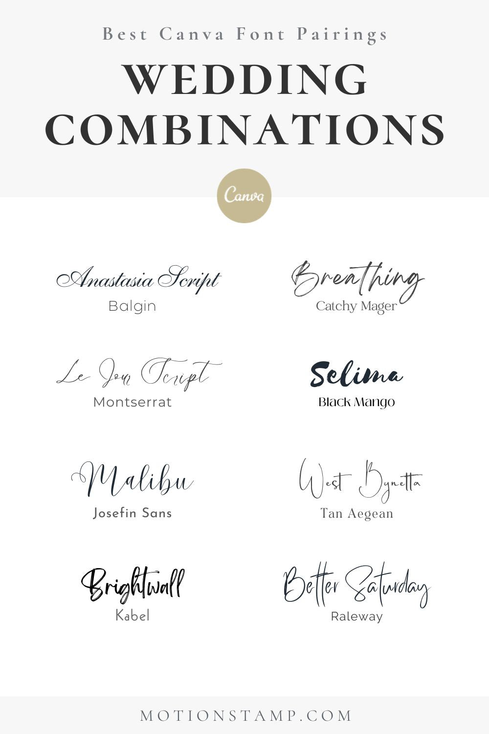 List of eight wedding font combinations, lined up next to each other to create a comparison page.