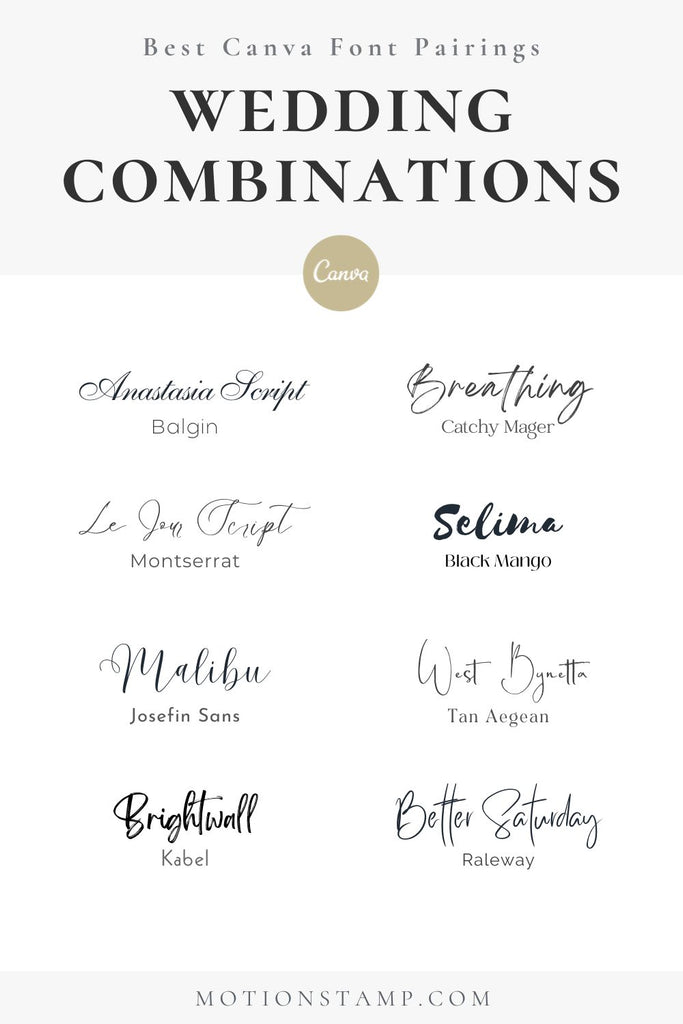 List of eight wedding font combinations, lined up next to each other to create a comparison page.