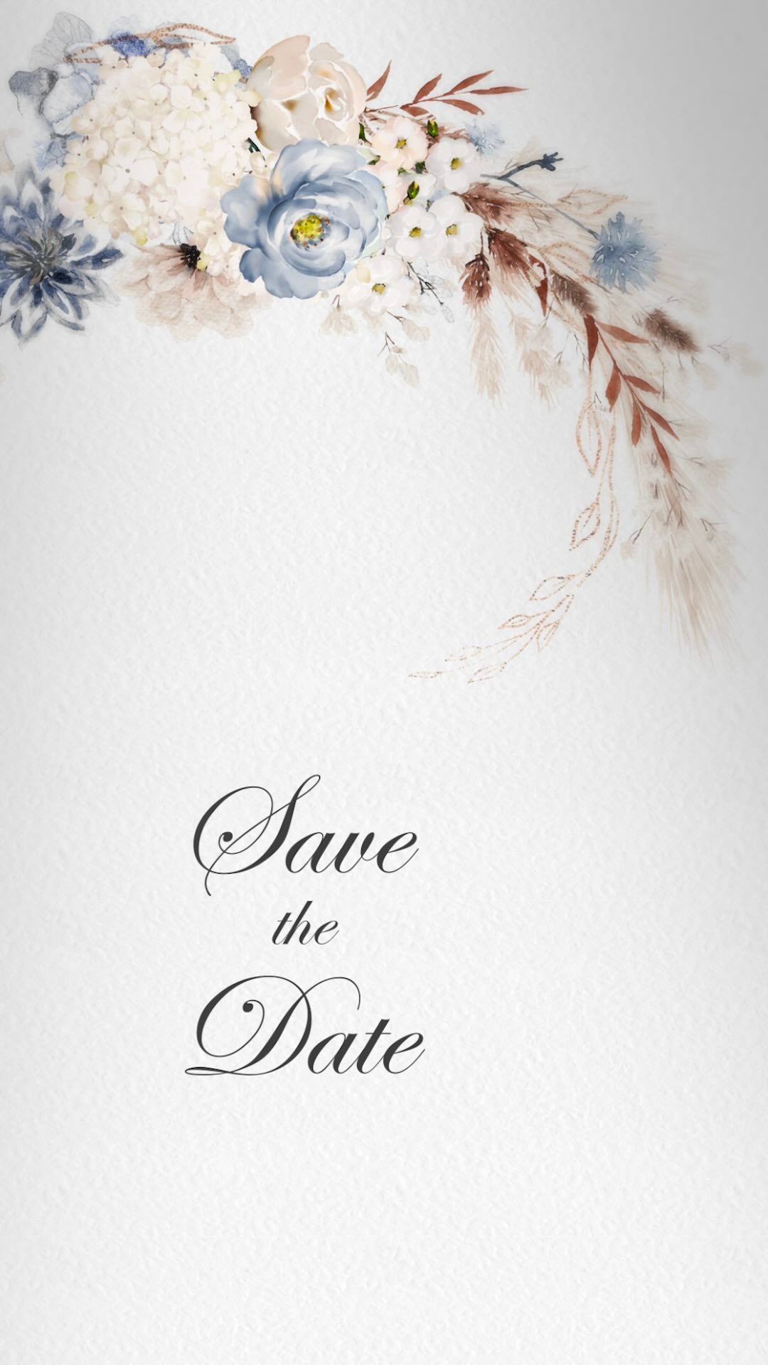 Blue boho florals in a trail above save the date elegant text.