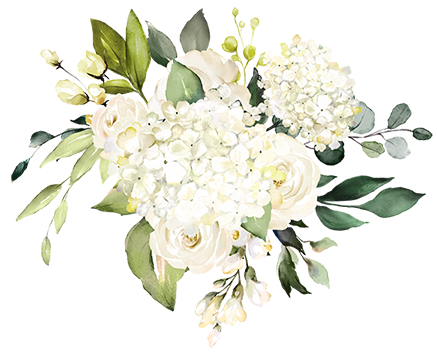 White floral bouquet with green leaves and a variety of flowers.